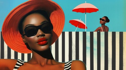 A woman wearing a red hat and sunglasses with a striped background and red umbrellas