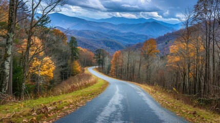 Road disappearing into the Great Smoky Mountains National Park, Tennessee, with scenic forest and rolling hill landscapes