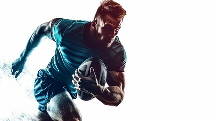 Portrait of a rugby player displaying determination while holding the ball, highlighting his strength and resolve, set against a white background that emphasizes the subject.