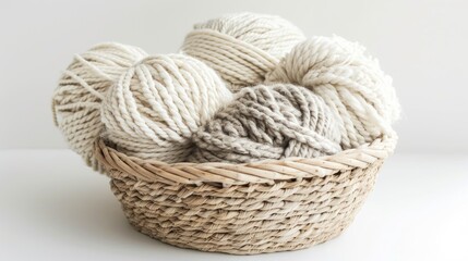 Obraz premium Macrame braiding with cotton threads in a basket on a white background for crafts advertising