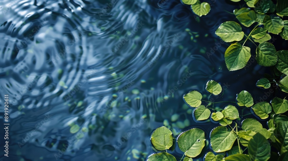 Poster water surface with green leaves creating a stunning background for product display ample space for t