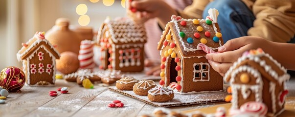 Parents and kids creating gingerbread houses, applying frosting and candies, festive holiday setting, cheerful and creative mood, warm kitchen, copy space