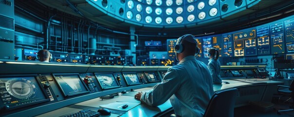 Interior of a cutting-edge nuclear power plant control room, engineers monitoring advanced equipment, high-tech energy control, safe and efficient power management, copy space