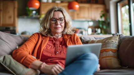Description of a middle-aged woman at home, engaged with both smartphone and laptop, illustrating modern connectivity and digital multitasking in a domestic setting.