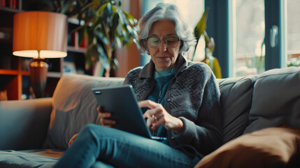Description of a middle-aged woman at home, engaged with both smartphone and laptop, illustrating modern connectivity and digital multitasking in a domestic setting.