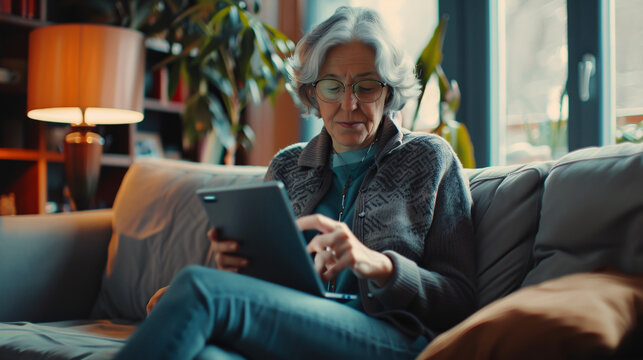 Description of a middle-aged woman at home, engaged with both smartphone and laptop, illustrating modern connectivity and digital multitasking in a domestic setting.