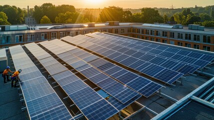 Engineers installing large solar panels on a commercial building rooftop, urban environment, renewable energy project, professional solar installation, sustainable business, copy space