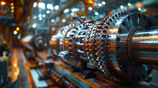 Close-up of heavy machinery operating in a factory, precision engineering equipment, advanced manufacturing technology, industrial machinery in action, high-tech production, copy space