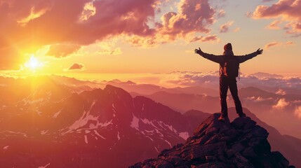 A captivating image showing a traveler rejoicing on a mountain peak during a beautiful sunset, arms wide open, symbolizing freedom and accomplishment amidst breathtaking scenery.