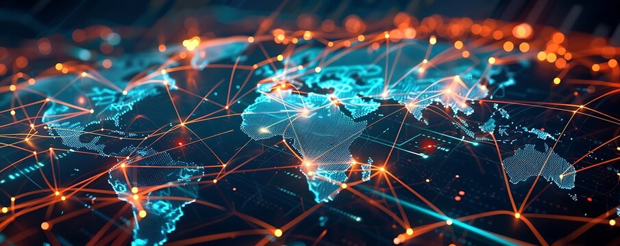 Clear, detailed depiction of an abstract global network with a luminous world map and data transfer connections.