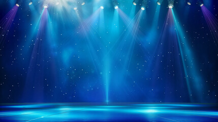 Illuminated stage with dramatic blue lighting and spotlights, ideal for performances or events