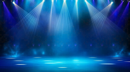 Illuminated stage with dramatic blue lighting and spotlights, ideal for performances or events