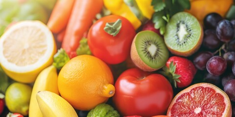 An assortment of fresh fruits and vegetables including citrus fruits, tomatoes, kiwi, grapes, and strawberries.