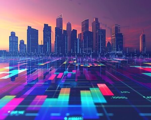 Cityscape silhouette, financial data visualizations overlaid with futuristic grid patterns, color-coded graphics.