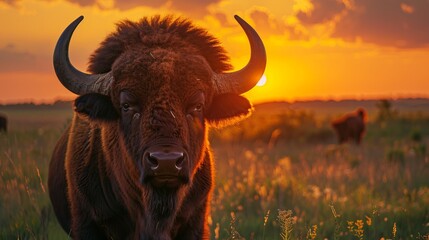 A lone buffalo stands majestically in the prairie as the bright sunset paints the sky with warm hues, reflecting the serene and powerful essence of wildlife and nature.