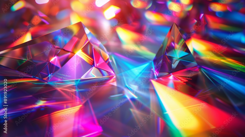 Poster geometric crystal prism reflecting vibrant light patterns, creating a modern design concept for a ba