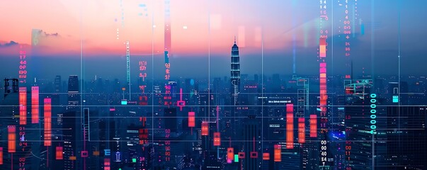 Cityscape silhouette at dusk, financial data overlaid with abstract grid patterns, color-coded graphics, digital wallpaper.