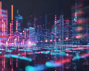 Cityscape silhouette, financial data visualizations overlaid with futuristic grid patterns, color-coded graphics.