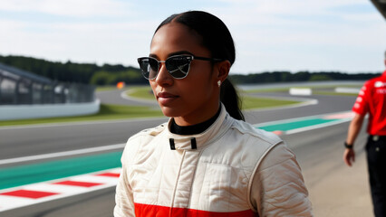 Black Female F1 Driver at Race Track