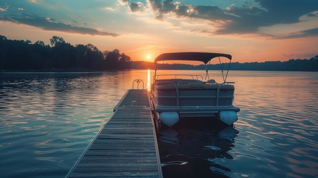 A pontoon boat docked at a wooden pier during a beautiful sunset, displaying the tranquil atmosphere and the calming effect of water and nature at the end of the day.