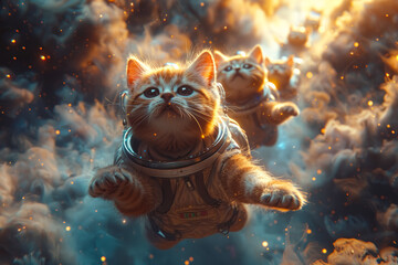 Funny cats astronauts floating in the space 