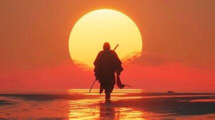 This image shows a samurai walking on the beach towards the setting sun, symbolizing themes of journey, solitude, and the intersection of nature and tradition.