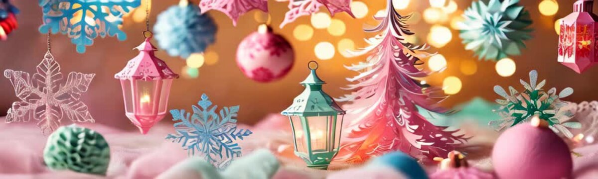 paper art Christmas decorations pink and blue snowflakes, lanterns, and ornaments against bokeh background, Christmas and Happy New Year background design. Copy space template animation web banner