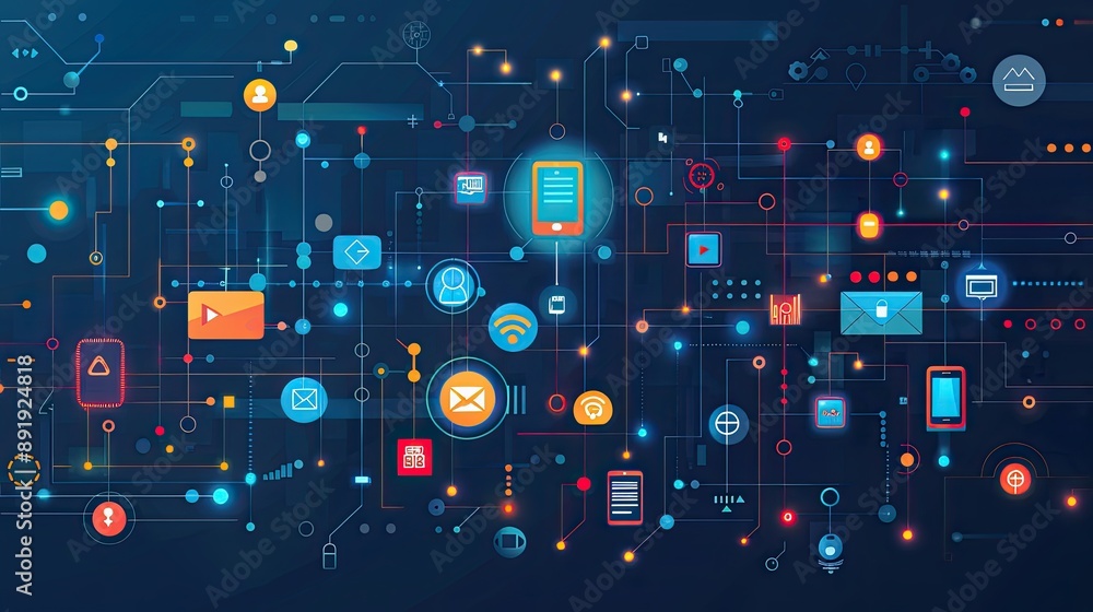 Poster an abstract background showcasing smart devices and iot icons integrated into a technological busine