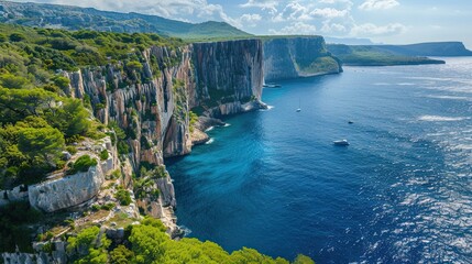 Obraz premium Aerial view of dramatic cliffs plunging into deep blue waters, framed by lush greenery and a clear sky