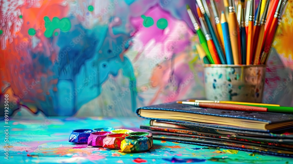 Poster create a stack photo of artistic supplies. the stack should include a sketchbook, a set of colored p
