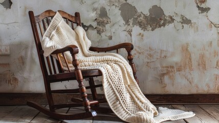 Vintage rocking chair with knitted blanket in rustic room