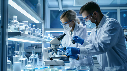 A team of East Asian and Caucasian scientists working in a modern medical research laboratory, conducting data analysis on laptops and using microscopes during evening time.