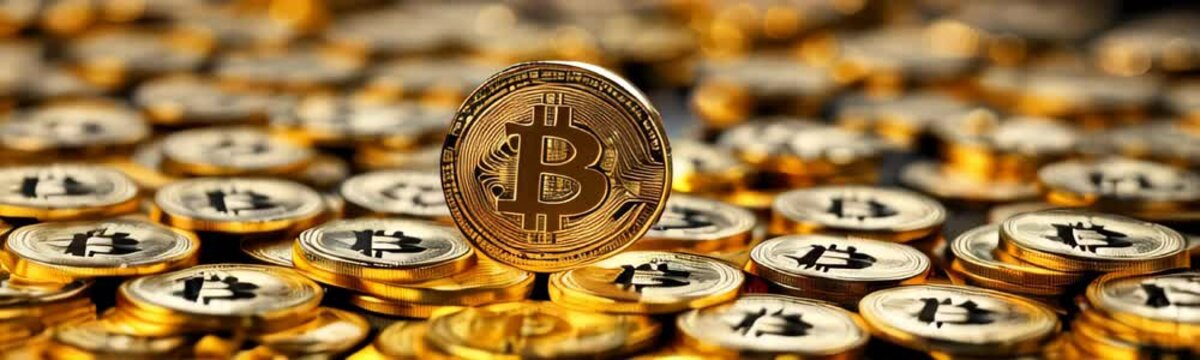Bitcoin gold coins background. Slow motion web banner animation. A Lot Of Bitcoin Crypto currency Gold Bitcoin BTC Bit Coin. Blockchain technology, bitcoin mining concept. Stock Market