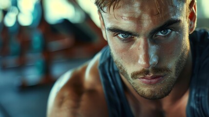 closeup of fit energetic young handsome man determined expression, wearing workout gear in a fitness gym. wallpaper background with blank copy space for text, web design, ads