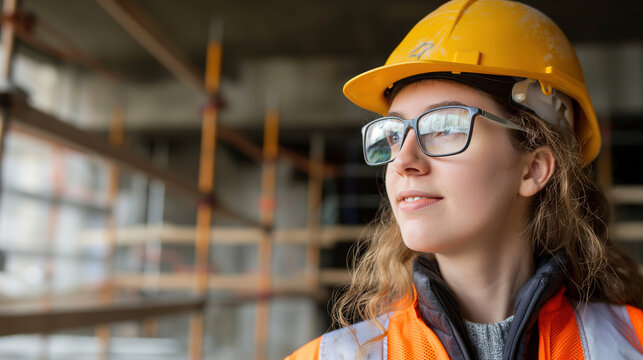 A young woman wearing safety glasses, a yellow hard hat, and an orange safety vest is standing at a construction site. She is looking off into the distance with a focused expression. The background fe