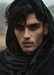 Mysterious man in a dark hooded cloak, staring intensely into the camera