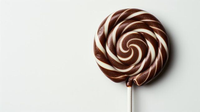 Swirled chocolate and vanilla lollipop on white background