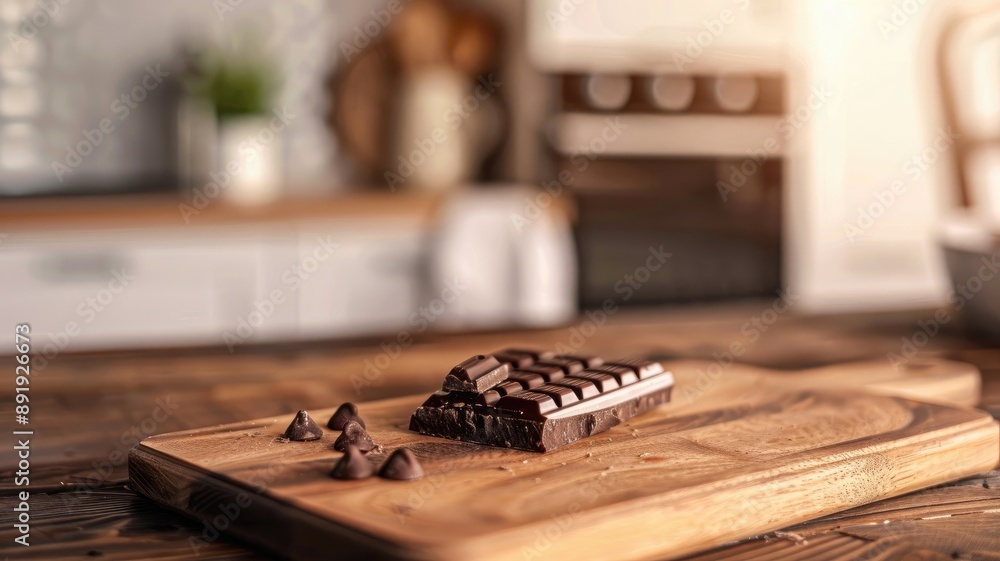 Wall mural Chocolate bar and chips on wooden board in kitchen