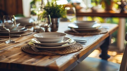 Cozy dining table set with elegant dishware and glasses, bright, welcoming ambiance