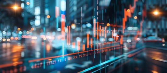 Candlestick graph on financial chart close-up, business background, cityscape blurred, car wallpaper,