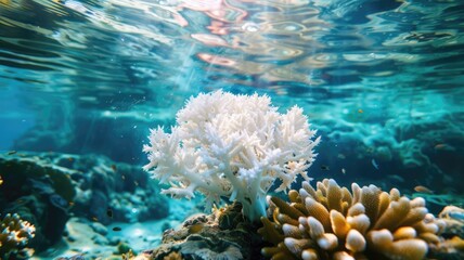 Fototapeta premium Luminous coral reef underwater surrounded by colorful aquatic life