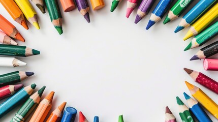 Fototapeta premium Colorful crayons seen from above with empty space on white background
