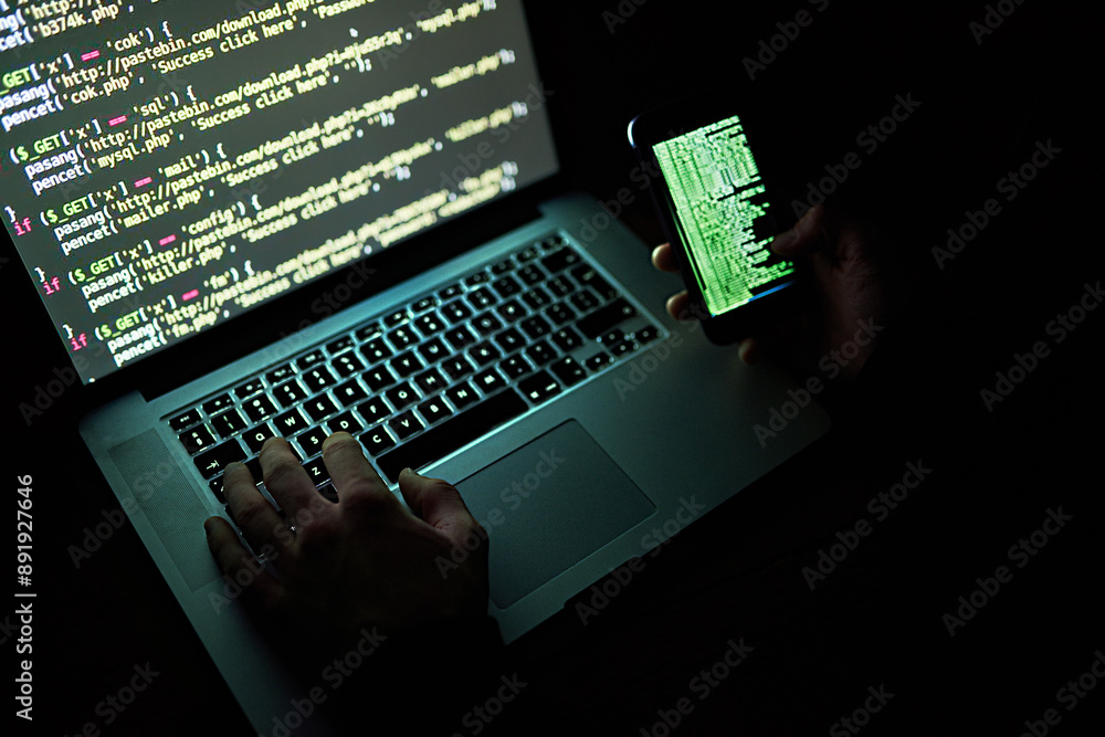 Poster laptop, cellphone and hands for hacker, coding or scam or fintech for cyber security. dark, software