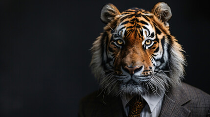Fototapeta premium An anthropomorphic friendly tiger dressed in a formal business suit in a studio shot. It can be used for commercial purposes, advertising, or as a mascot.