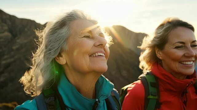 A group of greyhaired women take a hike through the mountains their natural strength and beauty harmonizing with the rugged landscape.