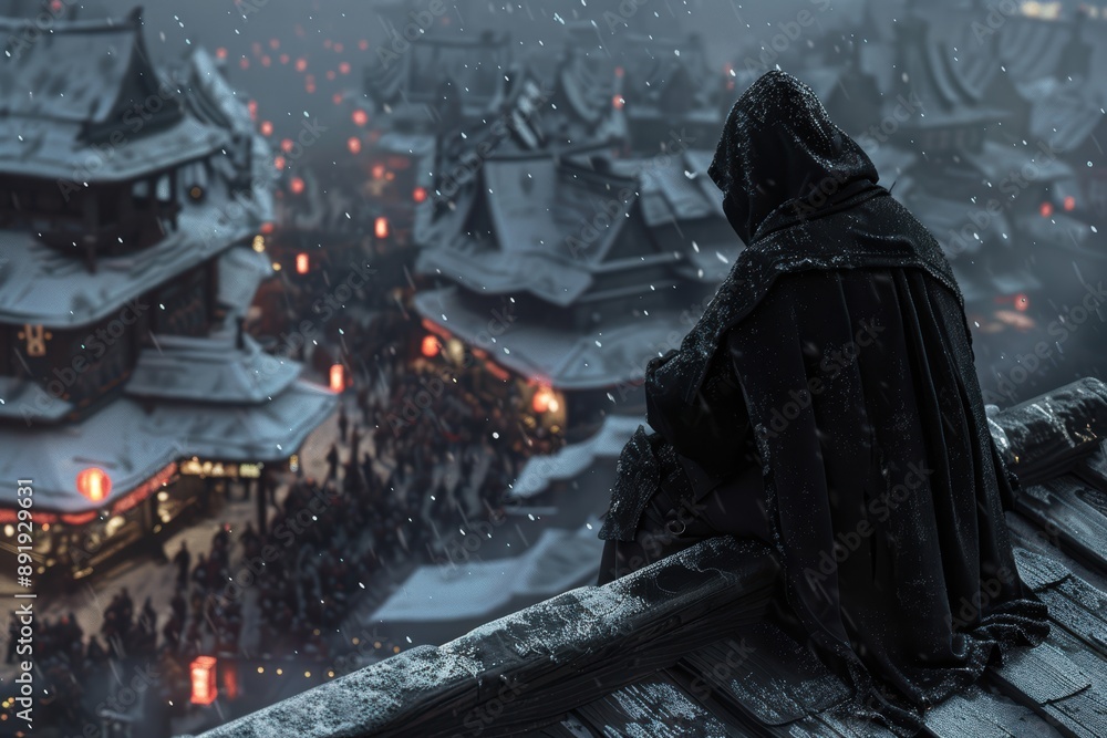 Poster a man in a black hooded cloak sits on a roof in a snowy city