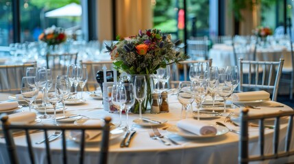 event setup, event setup for catering with elegant arrangement of tables and chairs, all set for a special occasion celebration