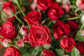 Obraz premium Romantic Valentine's day bouquet of many red roses gift background wallpaper.