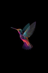 Obraz premium multicolored hummingbird in flight against a stark black background. The bird's iridescent feathers display a spectrum of colors, creating a striking and captivating visual