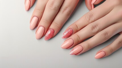 Rose nail design on female hands with coral glitter manicure on white background with space for nail art